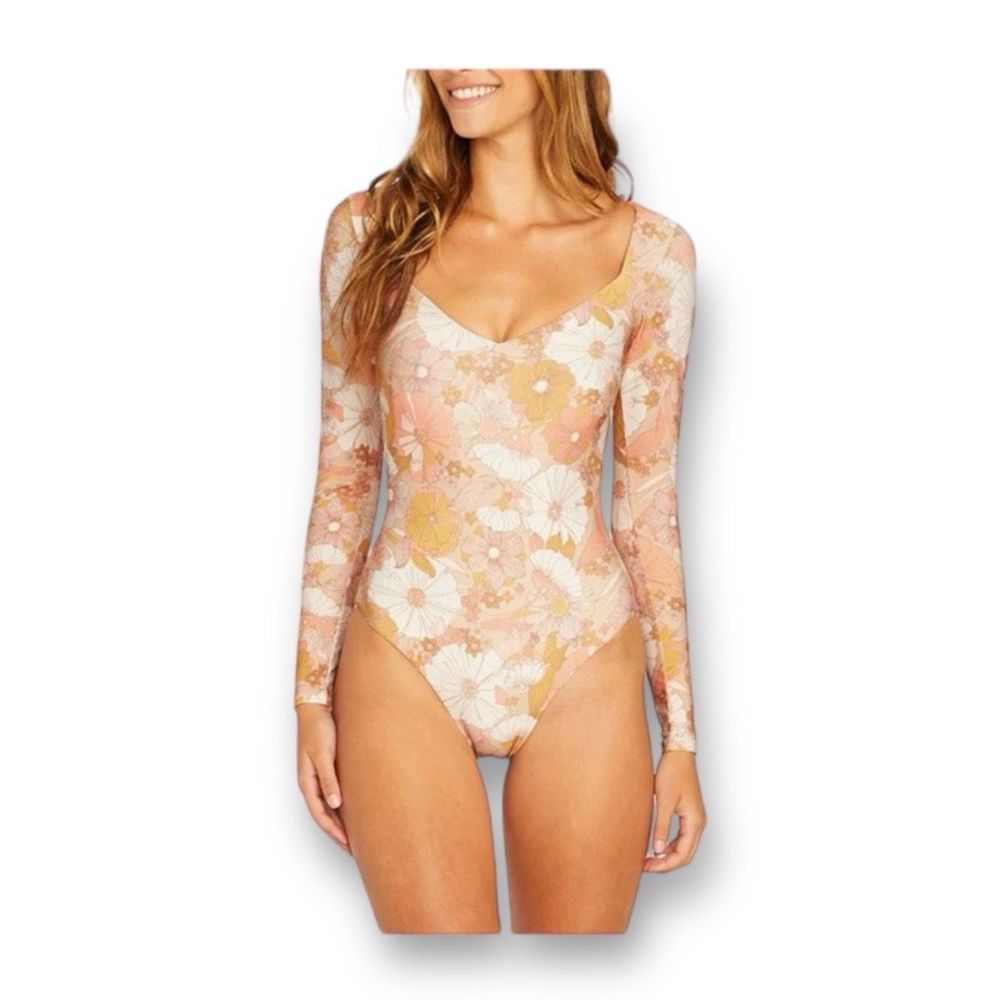Volcom Long Sleeve One-Piece Swimsuit in Peach Floral